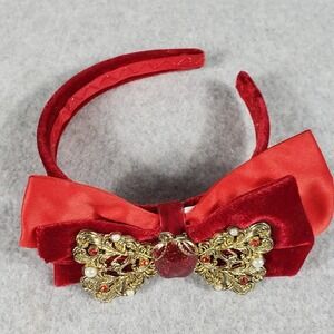 Rare Disney Store Red Velvet Bow Headband Apple Rhinestone Gold Accents One Size